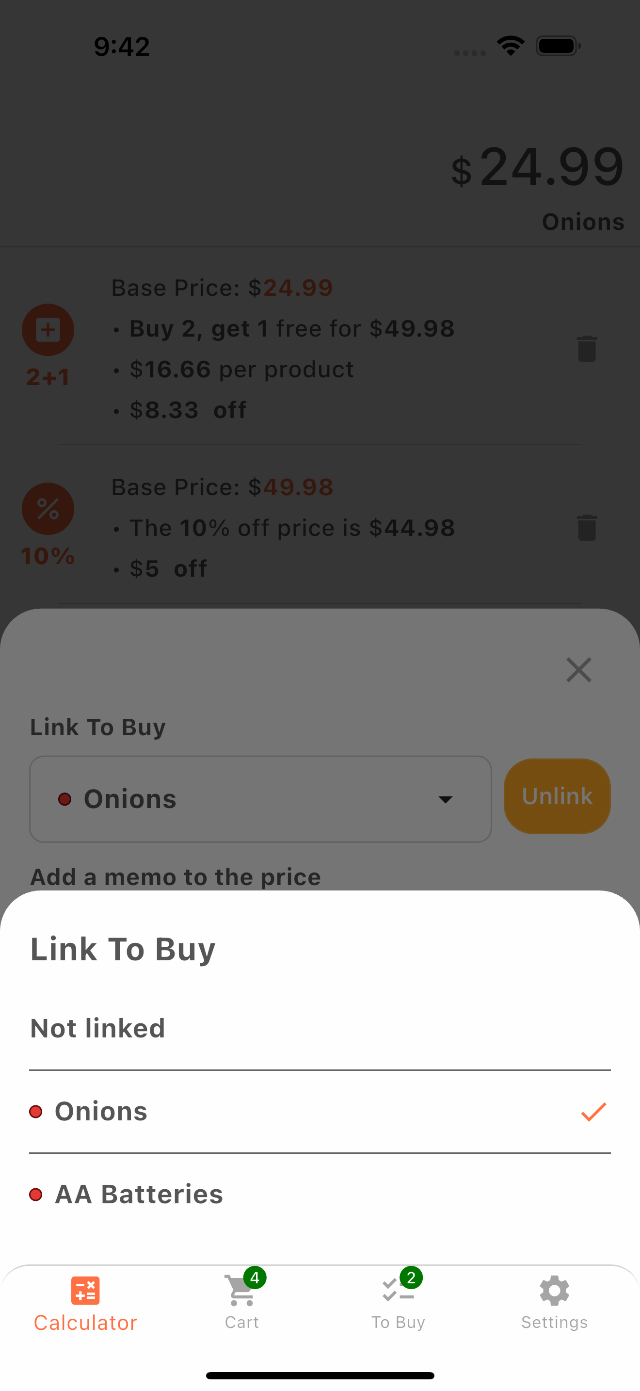 Product memo and link screen