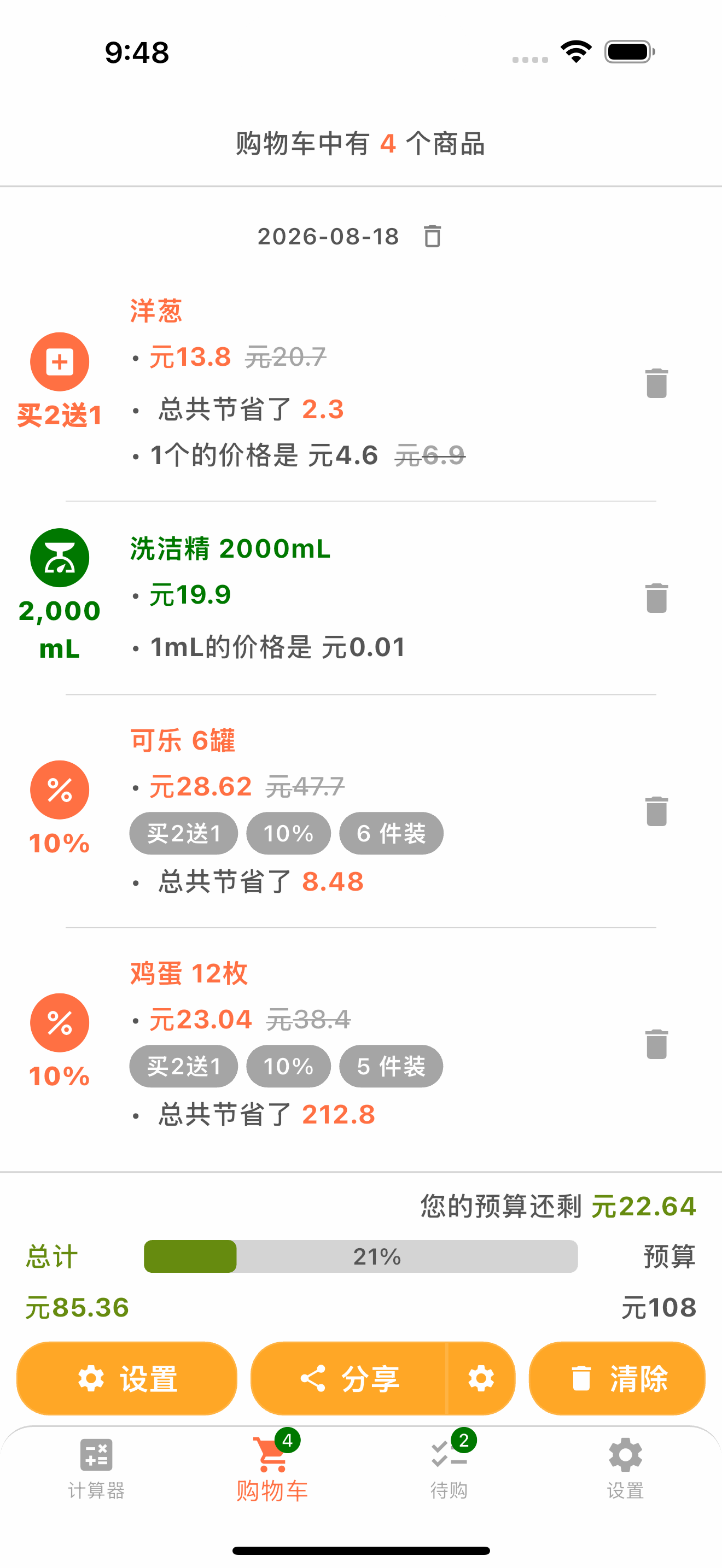 购物车与预算总额页面