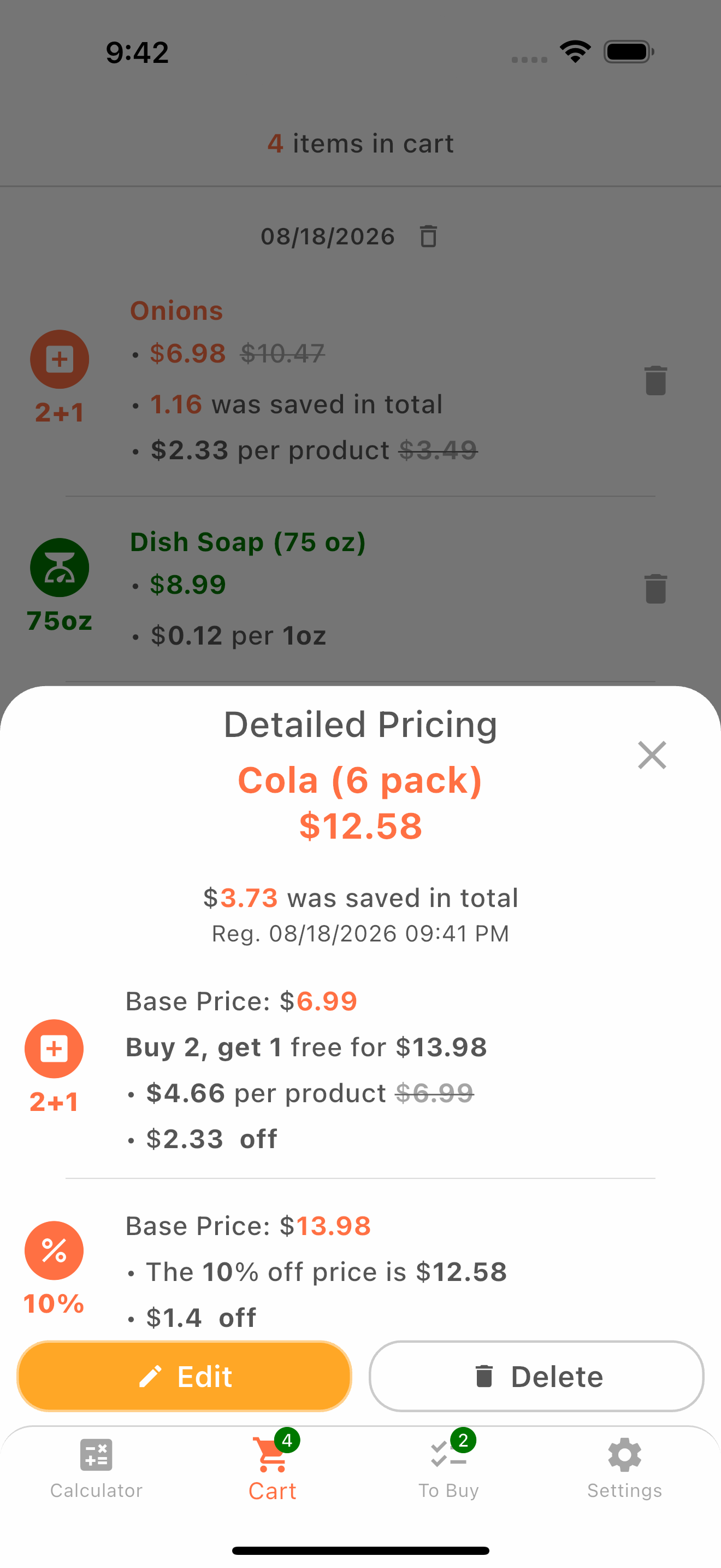 Detailed discount price breakdown