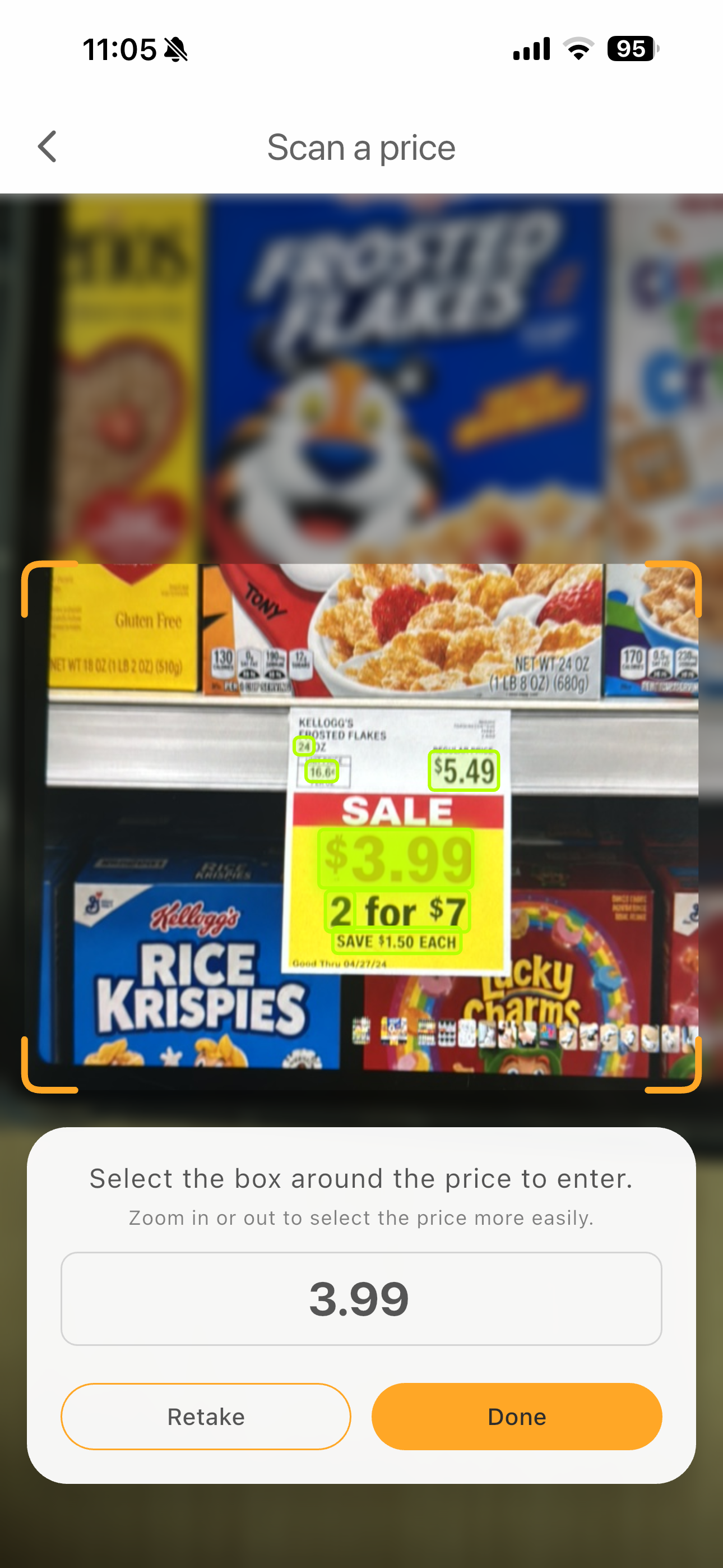 Smart Shopping camera screen recognizing prices on a shelf label